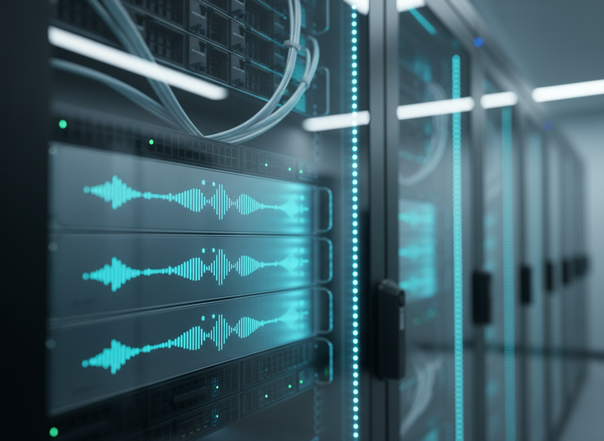 A close-up, photographic view of a sleek AI healthcare server rack housed in a glass-fronted cabinet, with soft blue and turquoise indicator lights glowing in rhythmic patterns across brushed metal surfaces. Fiber optic cables form clean, organized arcs, their translucent sheathing catching reflections from the cool LED lighting overhead. The environment suggests a high-security data center with faintly visible rows of additional cabinets receding into a gentle bokeh. Captured at a low, cinematic angle with a shallow depth of field, the composition centers the illuminated core of the rack. The mood is secure, resilient, and quietly powerful, representing the backbone of global AI healthcare infrastructure.