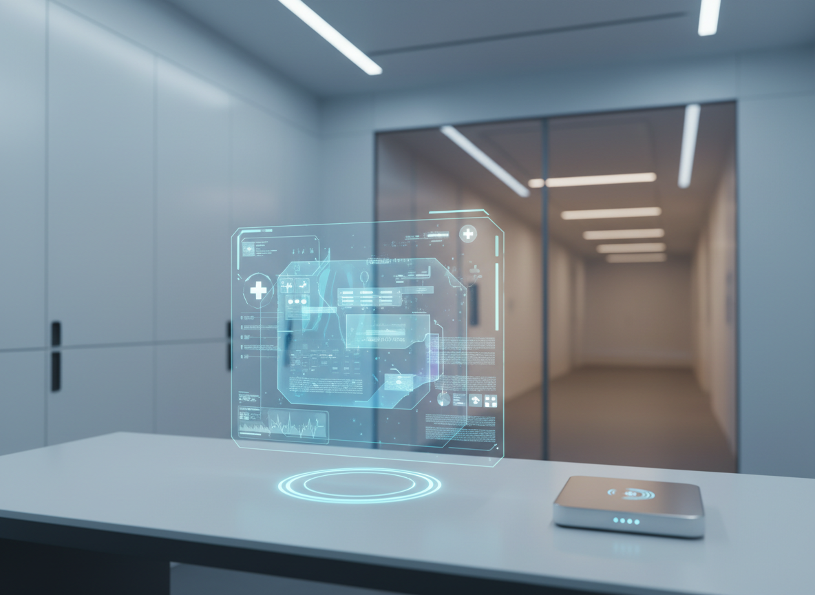 A futuristic clinical workstation featuring a transparent, holographic-style interface projecting layered medical diagrams, vitals charts, and translation symbols as glowing, semi-opaque shapes with no legible text. The display hovers above a matte white desk with an integrated sensor pad and a compact, silver AI processing unit. The background reveals an ultra-modern exam room with smooth surfaces, concealed storage, and a glass partition opening to a softly blurred corridor. Cool, directional lighting from the ceiling creates subtle gradients on the walls and transparent UI elements. Photographed at eye level with a wide aperture, the composition focuses sharply on the hovering interface, conveying precision, innovation, and frictionless AI support in clinical decision-making.