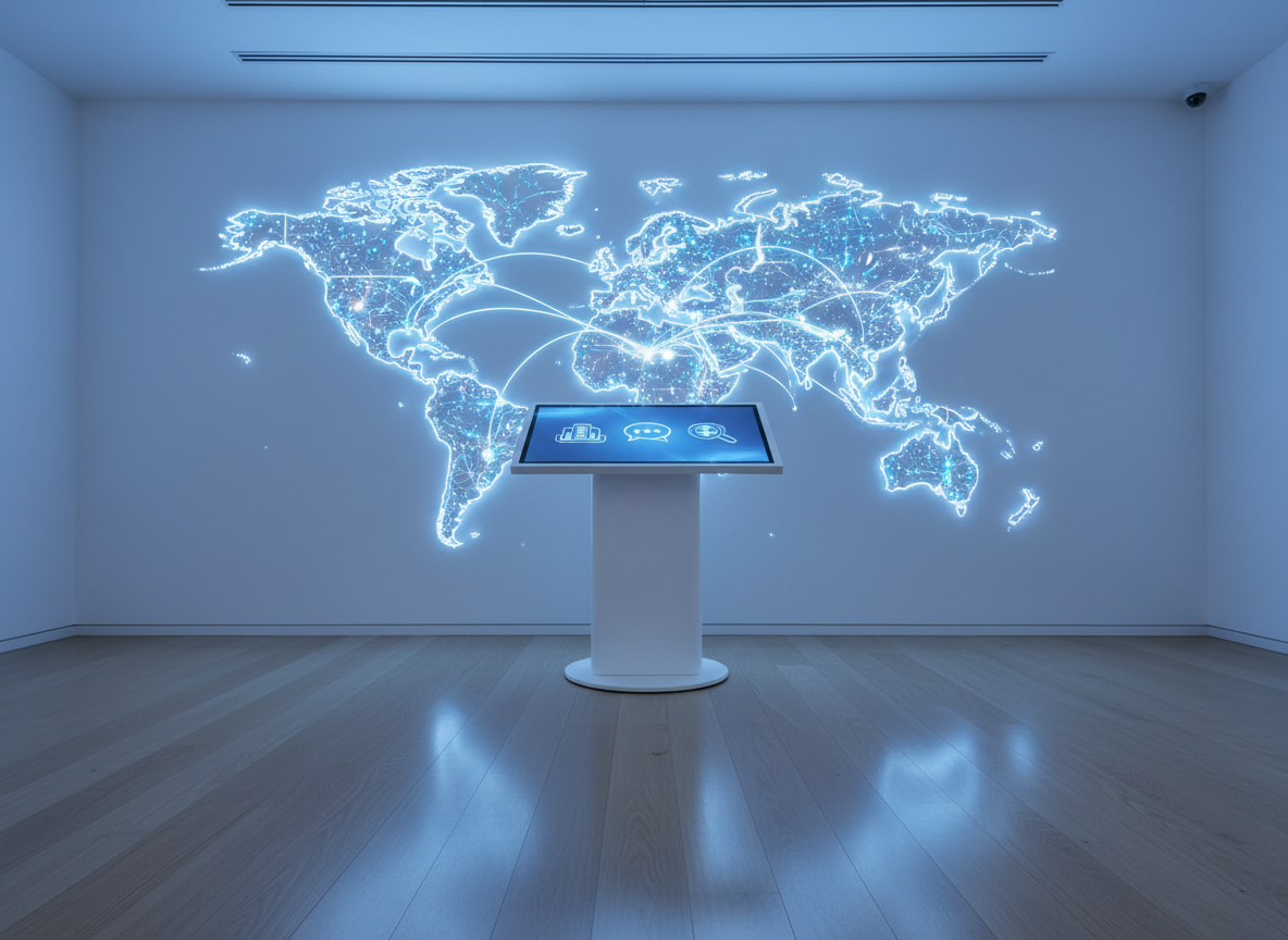 A world map wall installation in a healthcare innovation hub, composed of glowing, interconnected nodes and flowing lines instead of traditional country borders, symbolizing global AI-powered telemedicine. In the foreground, a slim, curved digital display on a white pedestal shows simplified, text-free icons for hospitals, interpreters, and diagnostics as luminous shapes. The room features minimalist white walls, light oak flooring, and subtle blue accent lighting running along the ceiling edge. Even, cool-toned studio lighting fills the space, creating crisp shadows and reflections. Captured from a wide, slightly low angle in photographic realism, the composition balances the illuminated map and display, evoking worldwide reach, scalability, and seamless healthcare connectivity.