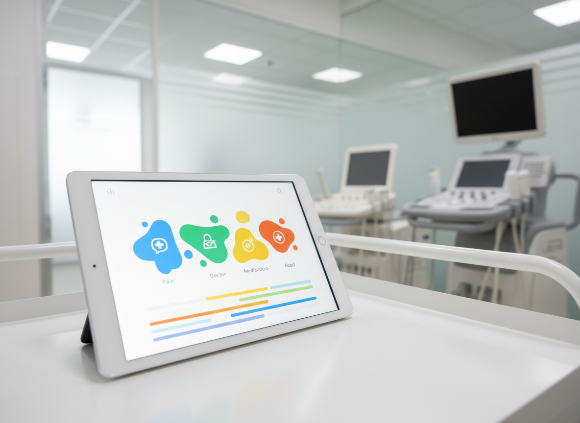 A multilingual patient communication interface displayed on a slim tablet resting on a spotless white medical trolley, the screen filled with colorful, icon-based options and abstract language indicators instead of words. Behind it, a blurred clinical environment features neatly arranged diagnostic equipment and a frosted glass partition suggesting multiple consultation rooms. Soft, diffused daylight filters through unseen windows, mingling with gentle overhead lighting to create a bright yet calming atmosphere. Photographed at a three-quarter angle with moderate depth of field, the composition emphasizes the tablet as the focal point. The style is clean, modern, and realistic, conveying intuitive, accessible AI-assisted communication for diverse patients in healthcare settings.
