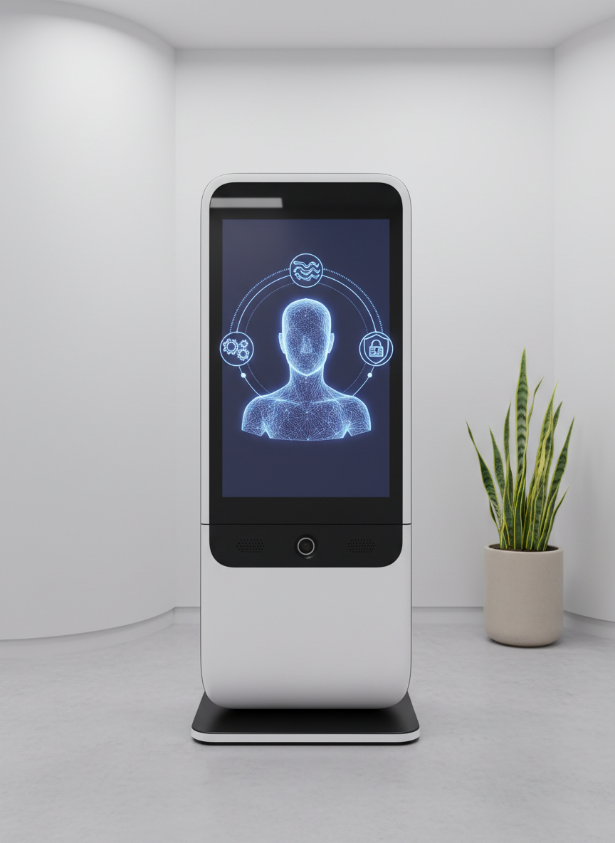 A modern telemedicine pod with a large, frameless display showing a stylized, abstract avatar silhouette instead of a human face, surrounded by subtle icons symbolizing translation, diagnostics, and secure data, all represented as shapes with no text. The pod is situated in a clean clinic room with smooth white walls and a matte gray floor, accented by a single plant in a simple pot. Soft studio-style lighting from above and behind the camera creates even illumination and delicate shadows. Shot from a slightly elevated angle in photographic realism, the composition highlights the display and integrated camera hardware, conveying trust, accessibility, and advanced AI-assisted remote care.