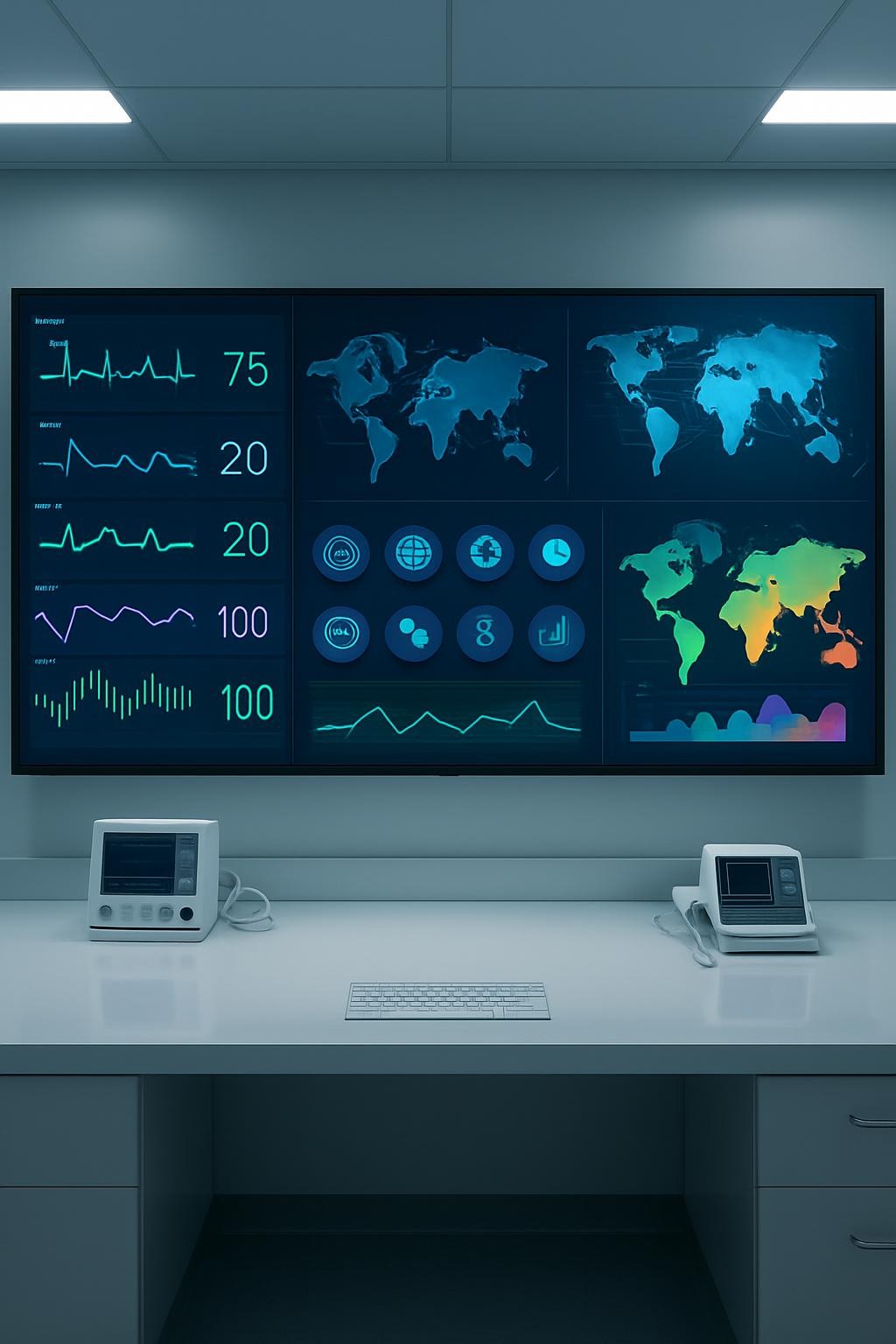 An expansive, wall-mounted digital dashboard in a sleek hospital command center, displaying real-time patient vitals, multilingual interpretation icons, and global connectivity maps represented as abstract shapes and color-coded graphs, without any readable text. The dashboard floats above a reflective white workstation with neatly arranged medical devices and a minimalist keyboard. Cool, diffused overhead LED lighting creates gentle reflections on the glossy surfaces and softly illuminates the room. Captured at eye level with a wide-angle photographic realism, the composition uses the rule of thirds to emphasize the central screen. The atmosphere is calm, precise, and highly professional, evoking cutting-edge AI healthcare infrastructure operating quietly in the background.